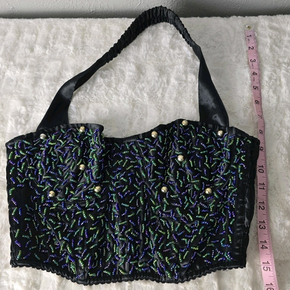 Victoria's Secret VTG Gold Label Black Corset Blue Green Beaded Bra Bustier Med - Picture 8 of 16